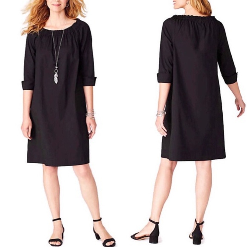 J Jill Black Smock Boat Neck Cuffed 3/4 Sleeve  Dress